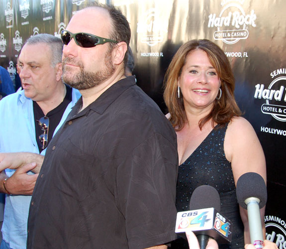Lorraine Bracco smiles for the local media, while Sopranos co-star Jim Gandolfini obstinately rebuffs every media request for an interview.