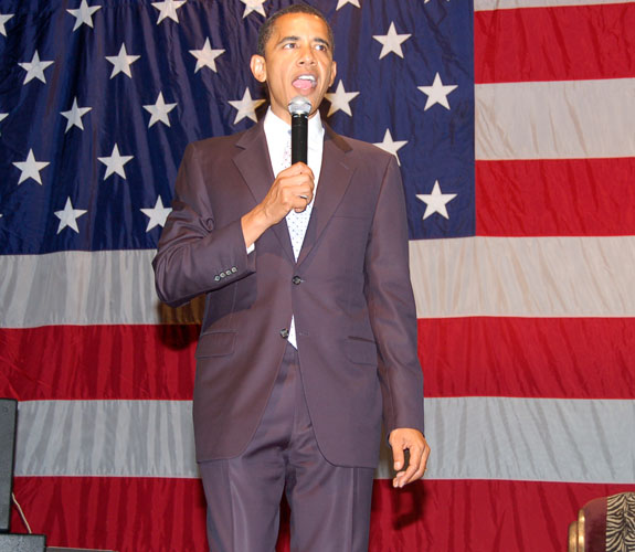 Illinois junior senator Barack Obama addresses guests at his campaign appearance at Mansion Nightclub on Miami Beach.