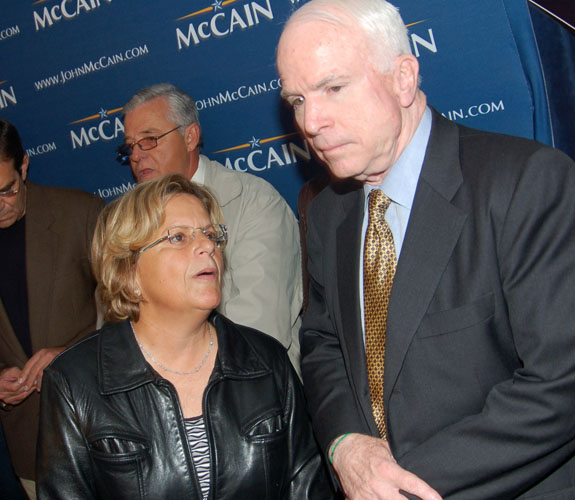 U.S. Representative Ileana Ros-Lehtinen and Sen. John McCain at a Republican campaign rally at Café Versailles in Little Havana.