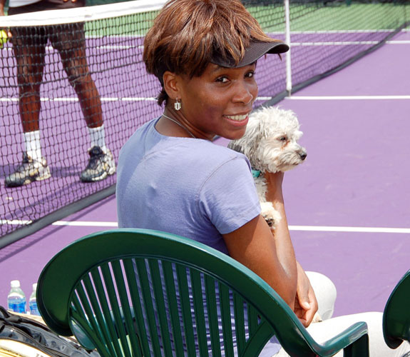Venus Williams takes a break from her practice round on Day One of the Sony Ericsson Open at Crandon Park on Key Biscayne.