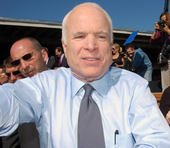 Arizona senior senator John S. McCain campaigning for the U.S. presidency at a lumber yard in the Little Havana section of Miami.