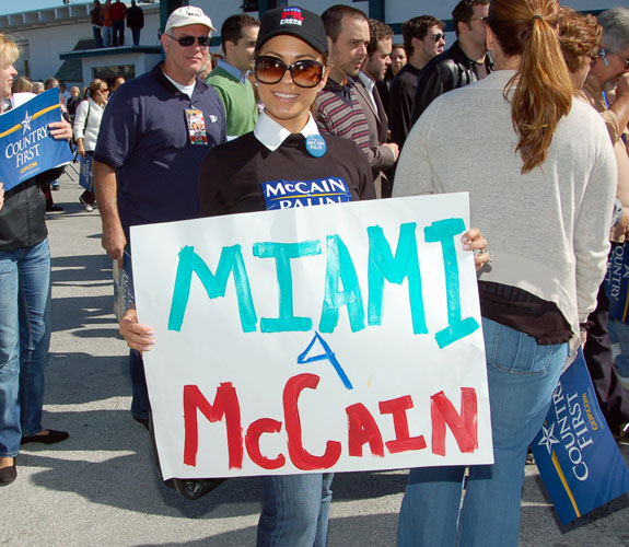 Supporters cheered and raised homemade signs for Arizona senior senator John S. McCain at a rally in the Little Havana section of Miami.
