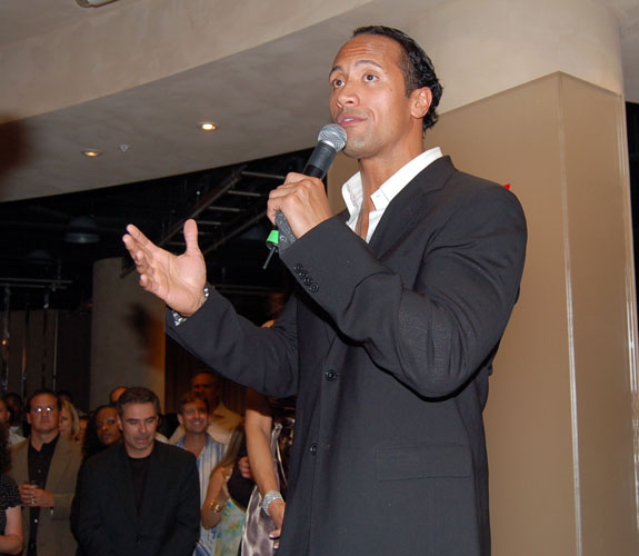 Dwayne Johnson addresses his guests at the after-party following a screening of his new movie, Gridiron Gang, at Sunset Place in Coral Gables, Fla.