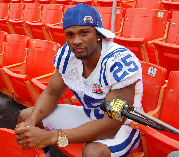 Indianapolis Colts defensive back Nick Harper takes a reprieve from an interview with New York-based sports talk station WFAN at Super Bowl XLI Media Day.