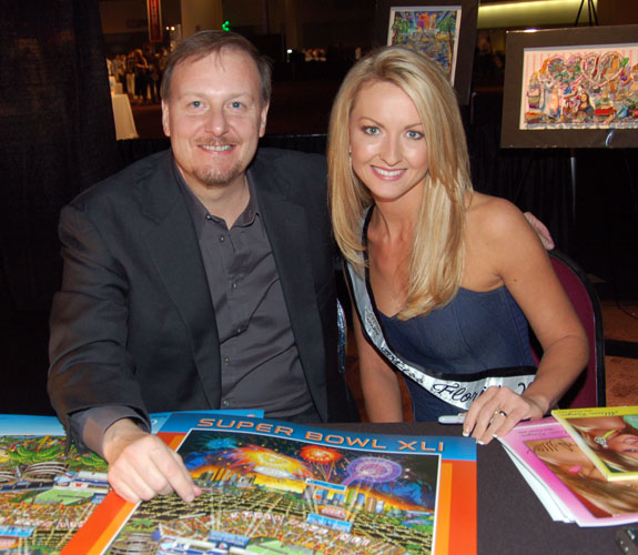 Pop artist Charles Fazzino with Miss Florida Allison Kreiger at Taste of the NFL on the eve of Super Bowl XLI at the Broward Convention Center.