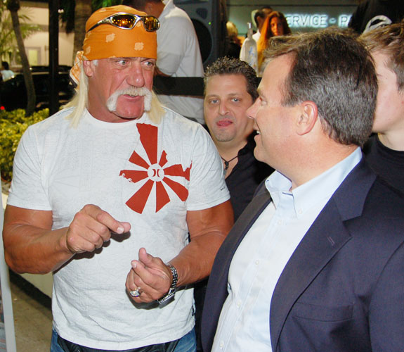 Terry Bollea, a.k.a. Hulk Hogan, talks with guests at the Prestige Lamborghini Party in North Miami Beach, Fla.