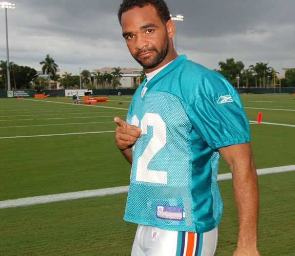 Miami Dolphins safety Jason Allen mugs for our cameras during an autograph signing session for fans in Davie, Fla.