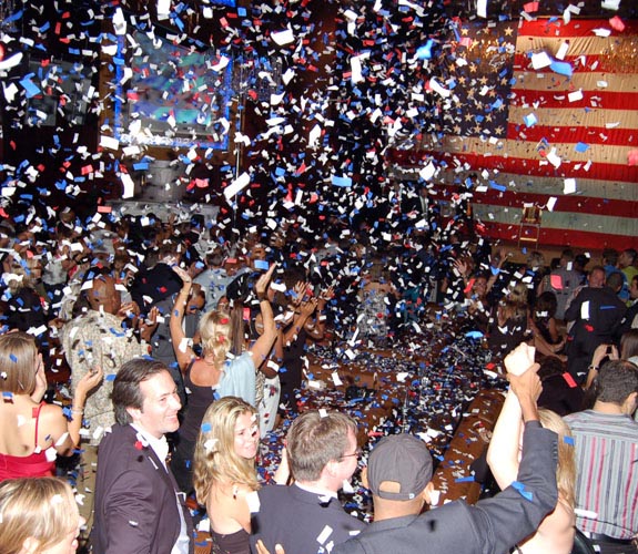 Confetti rains down on guests upon completion of Illinois junior senator Barack Obama's address at Mansion Nightclub on Miami Beach.