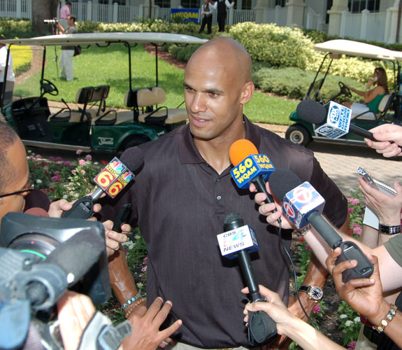 Miami Dolphins defensive end Jason Taylor ponders his future with the team while addressing reporters at his celebrity golf event at Grande Oaks in Davie, Fla.